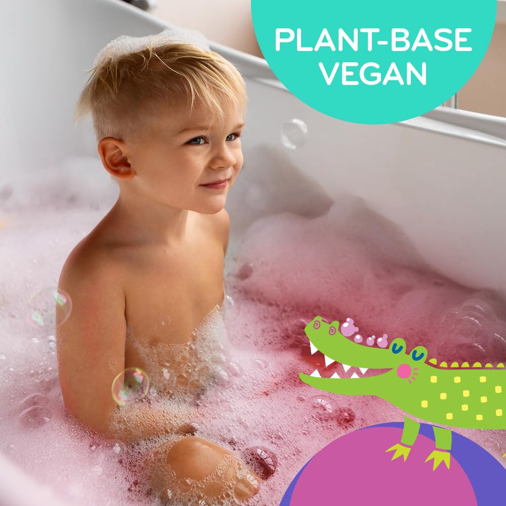 Colorful pink bath water created by MÖBI Little Whale bubble bath