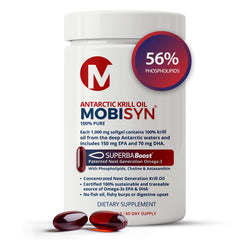 Mobisyn Krill Oil bottle on white highlights pure Antarctic sourcing for daily omega-3.
