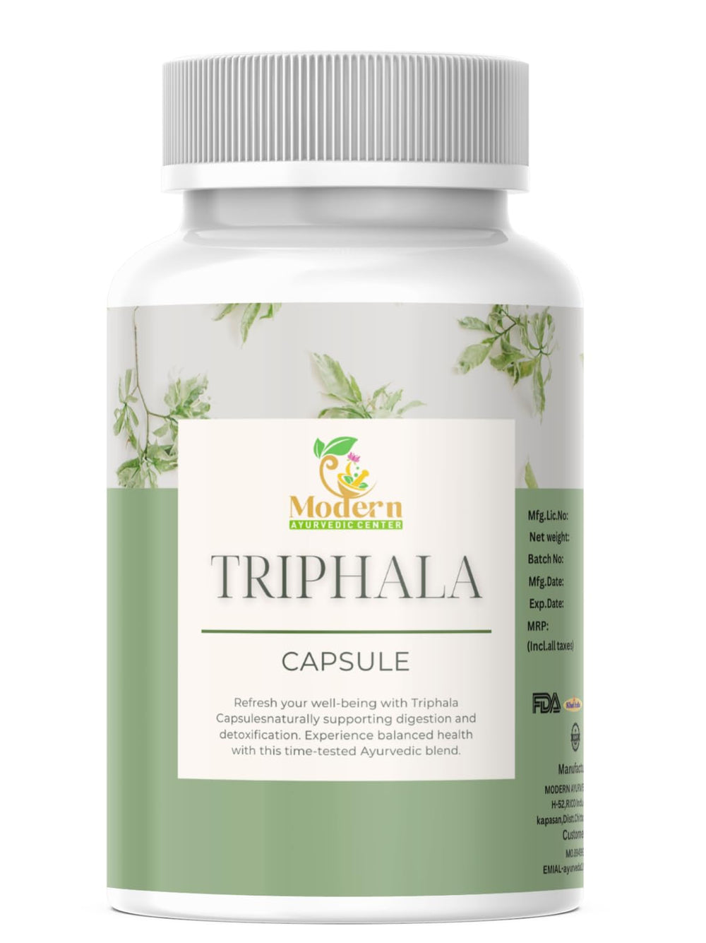 Modern Ayurvedic Centre Triphala capsules bottle promotes digestive balance.