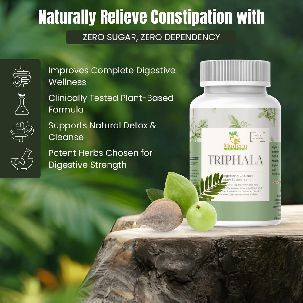 Modern Ayurvedic Centre Triphala capsules amla close-up highlights immune-supporting vitamin C.
