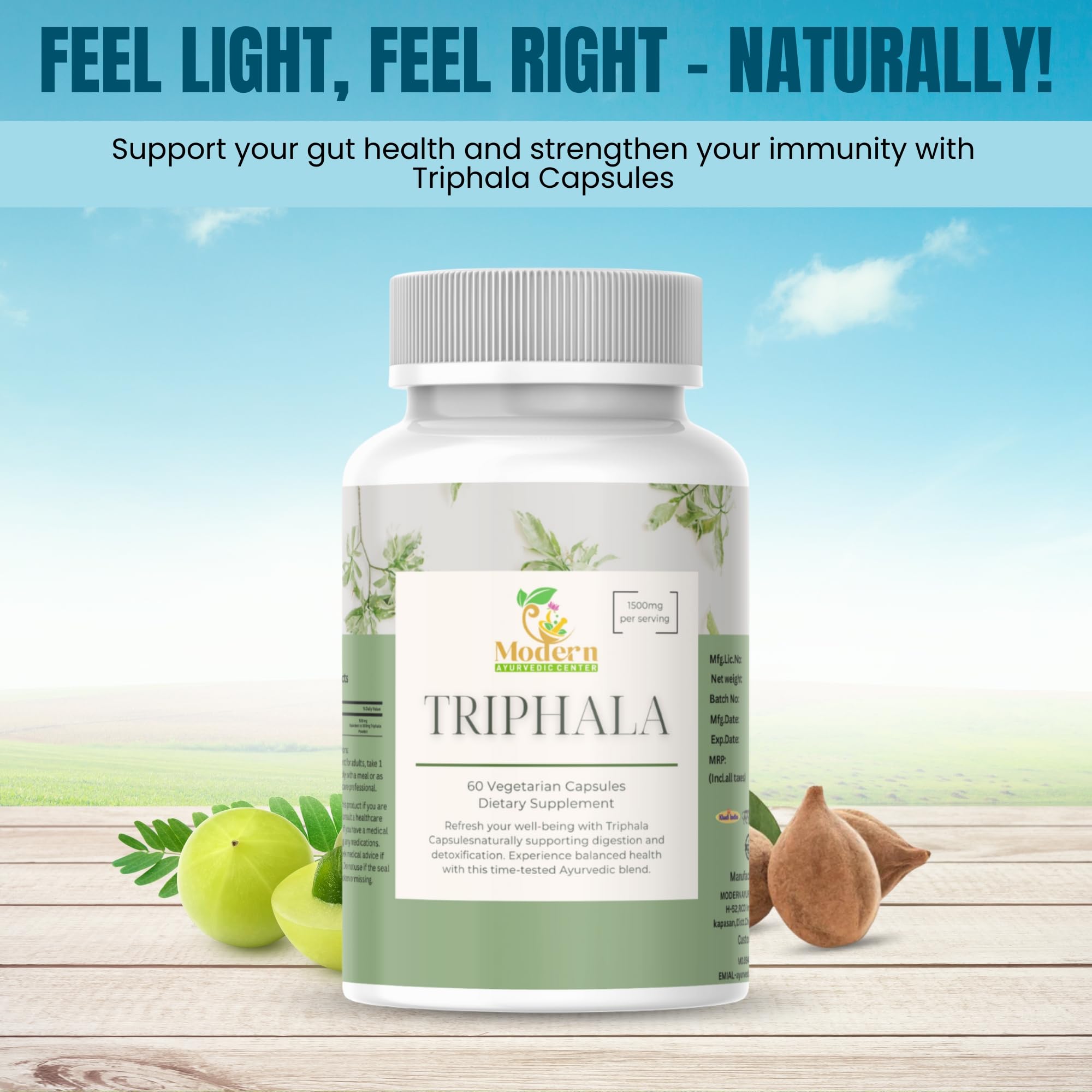 Modern Ayurvedic Centre Triphala capsules bottle label shows 120 capsules for easy daily dosage.