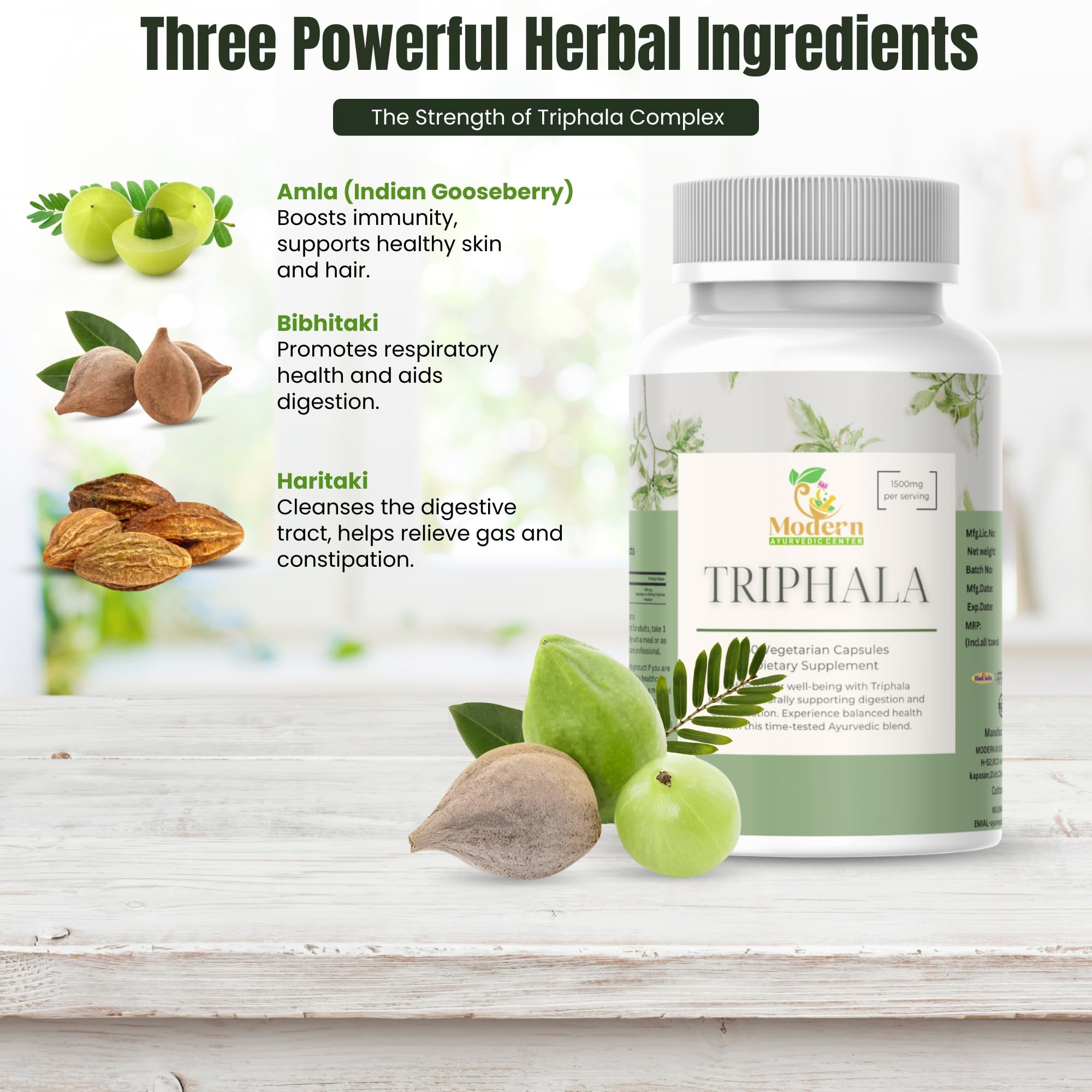 Modern Ayurvedic Centre Triphala capsules packaging on shelf for daily wellness ritual.