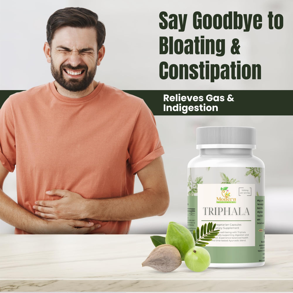 Modern Ayurvedic Centre Triphala capsules vegan plant-based ingredients close-up.