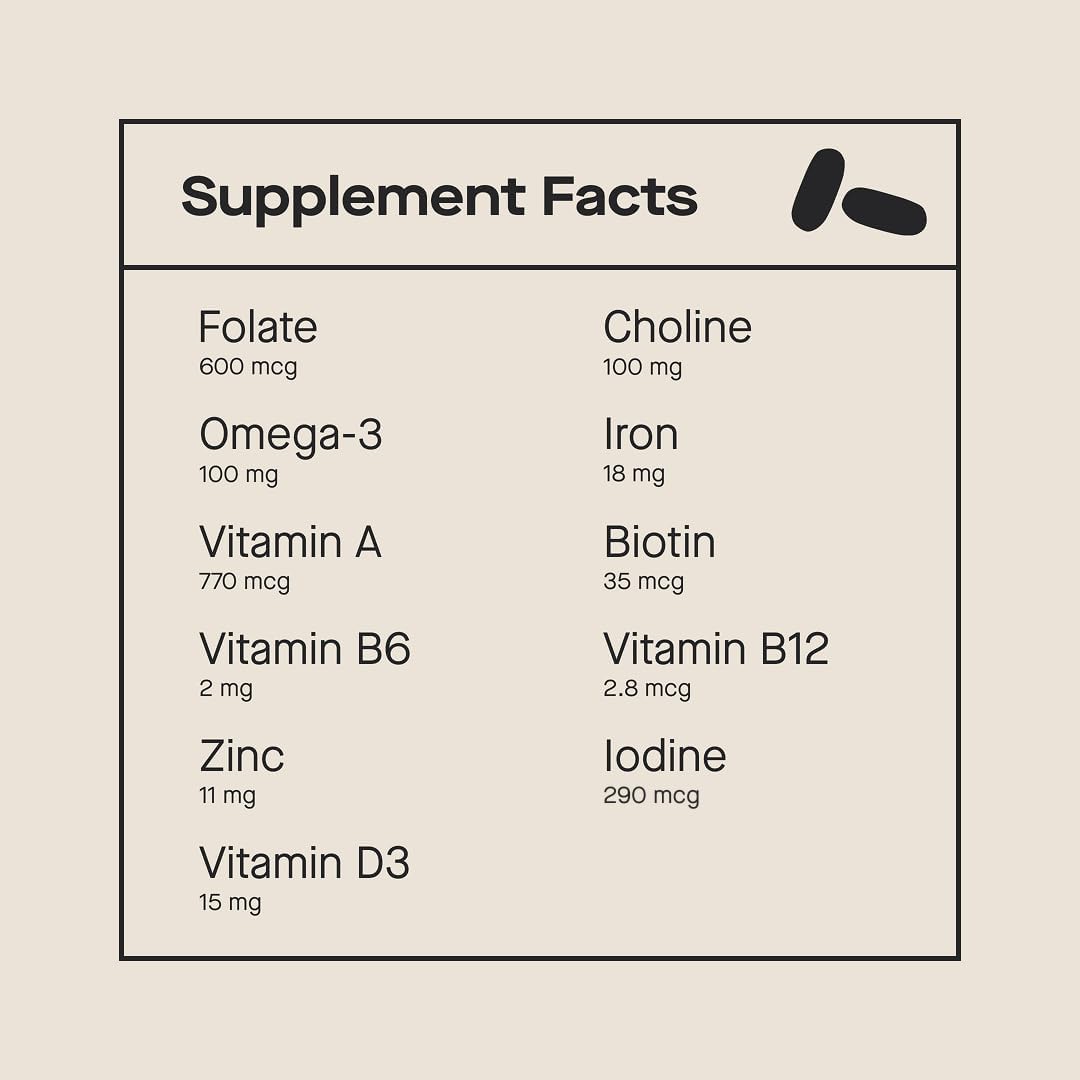 Modern Fertility Prenatal Multivitamin label close-up highlighting 12 nutrients for expectant wellness