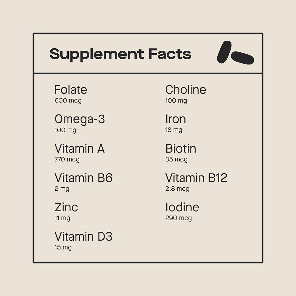 Modern Fertility Prenatal Multivitamin label close-up highlighting 12 nutrients for expectant wellness