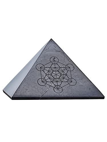 Modern ŌM Shungite pyramid with Metatrons Cube front view for meditation energy balance