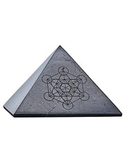 Modern ŌM Shungite pyramid with Metatrons Cube front view for meditation energy balance
