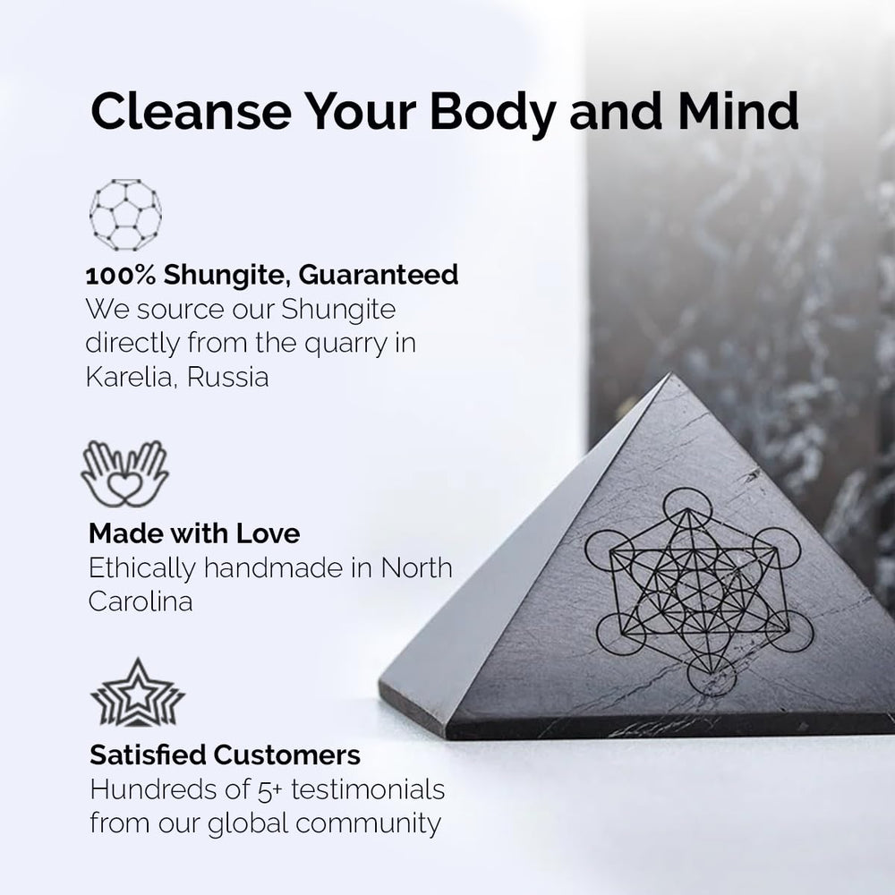 Modern ŌM Shungite pyramid Metatrons Cube side view highlighting sacred geometry
