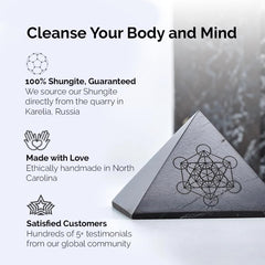 Modern ŌM Shungite pyramid Metatrons Cube side view highlighting sacred geometry