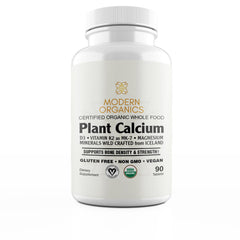 Modern Organics Plant Calcium bottle label highlights Aquamin calcium for bone support.