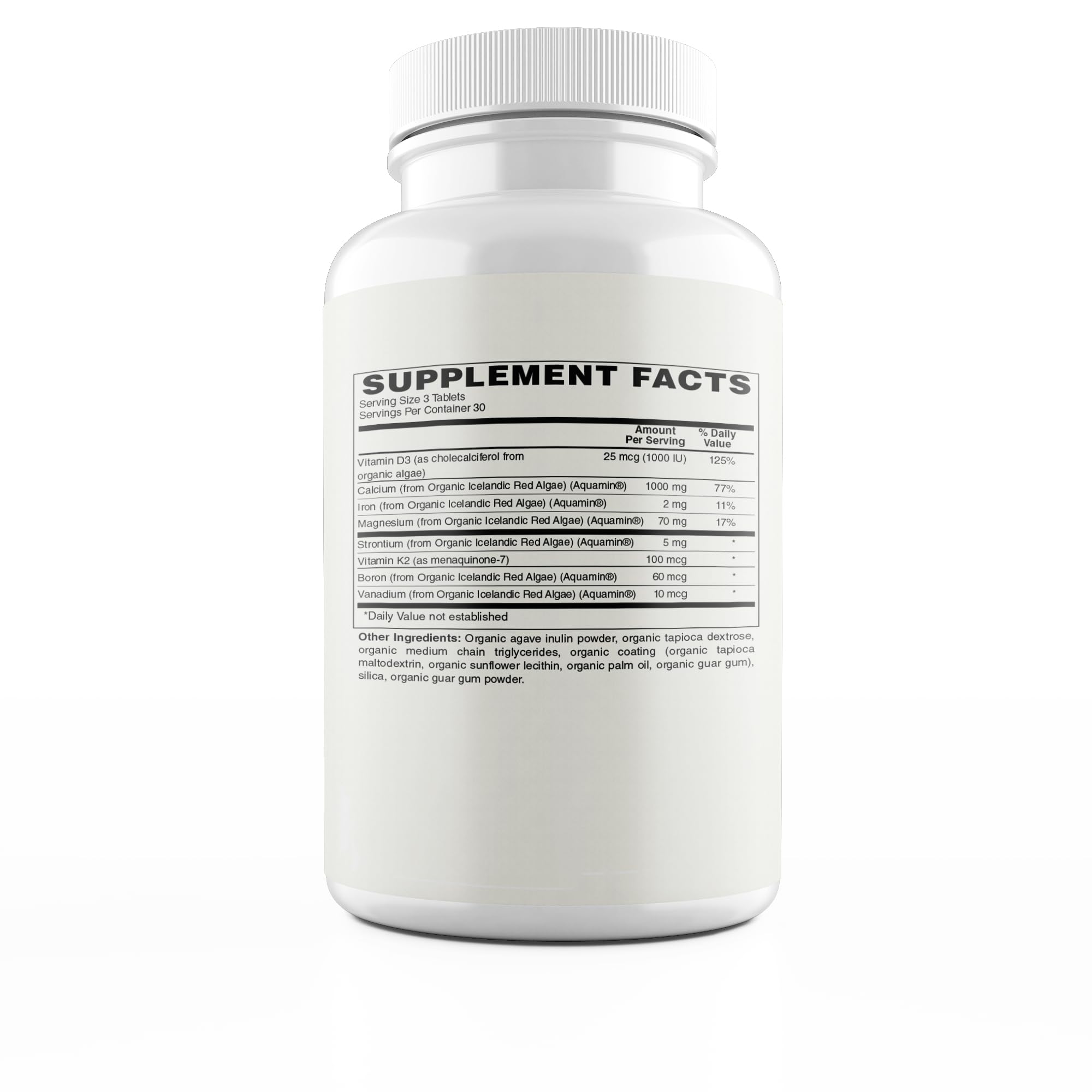 Modern Organics Plant Calcium tablets close-up emphasizes vegan, non-GMO formula.