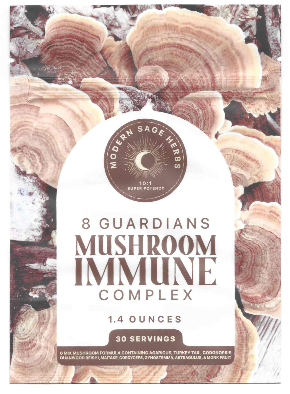 Modern Sage Herbs mushroom blend bottle highlighting 8-in-1 immune support formula.