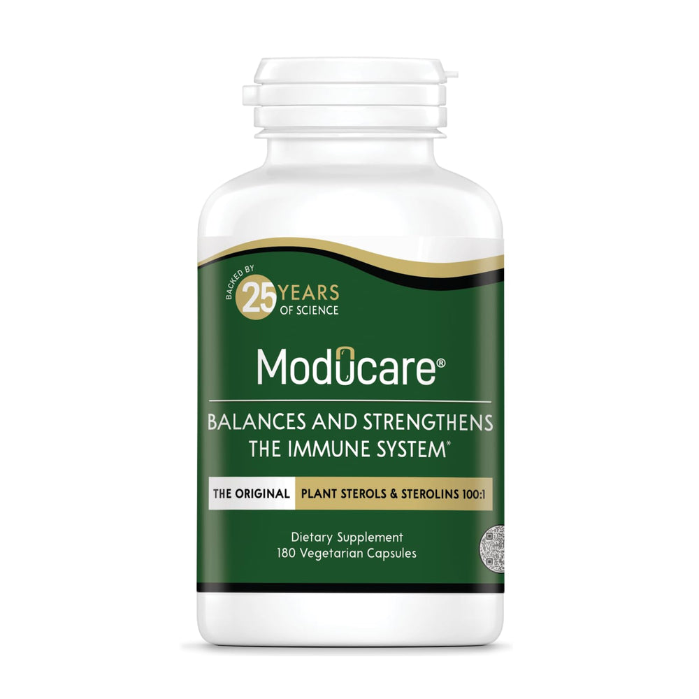 Moducare daily immune bottle on a clean surface highlighting convenient capsule form for daily immune support.