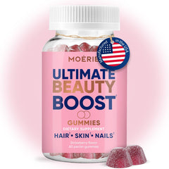 Moerie gummies bottle pour showing easy daily support for hair, skin, and nails