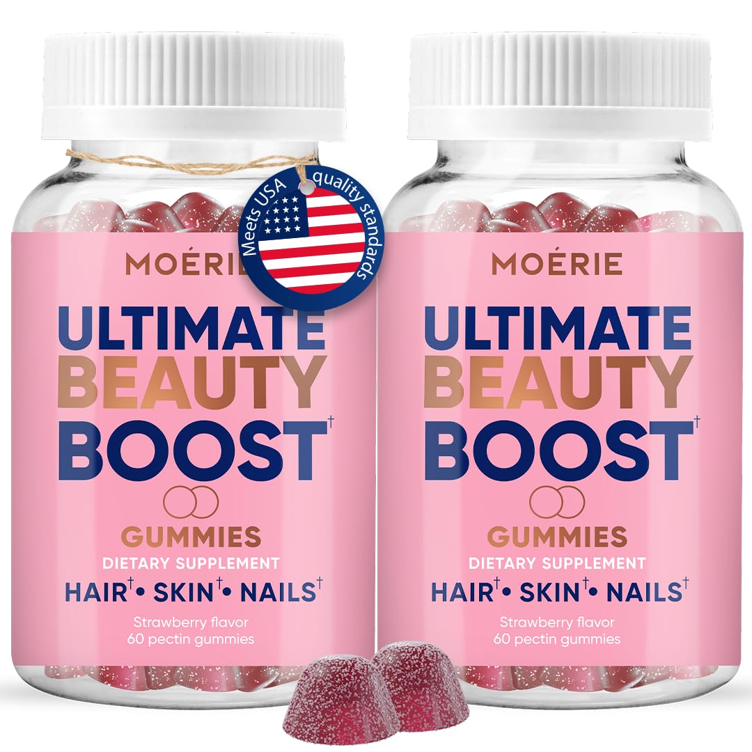 Moerie Hair Skin Nails Gummies bottle with potential support for healthier hair and nails.