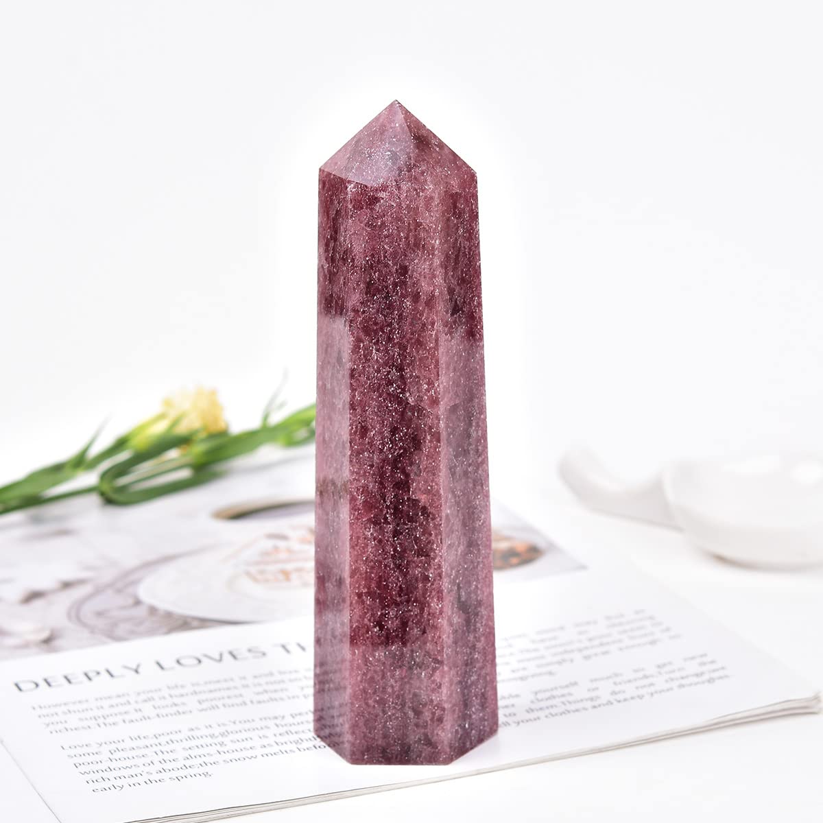 MOGEMT altar grid with strawberry quartz obelisk for sacred energy.