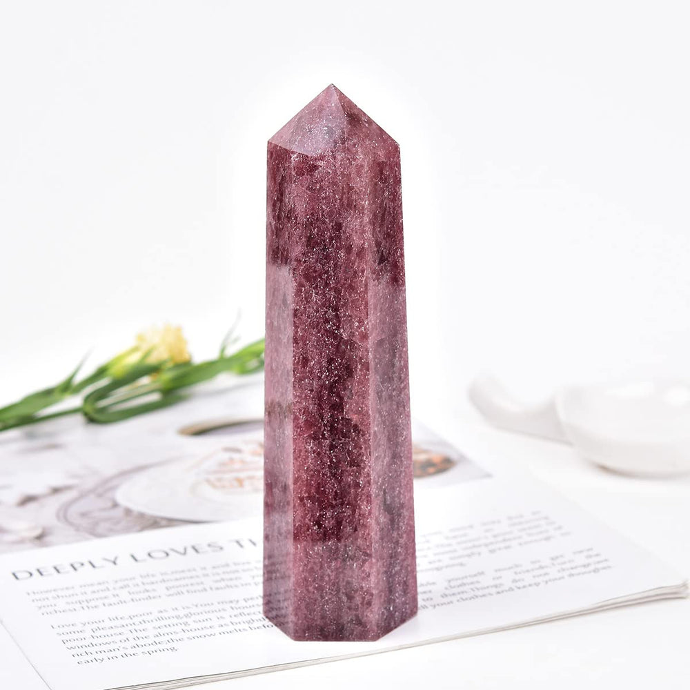 MOGEMT altar grid with strawberry quartz obelisk for sacred energy.