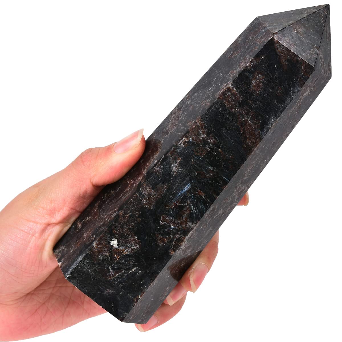 MOGEMT Astrophyllite Quartz Obelisk Tower front view on altar demonstrating a striking focal point