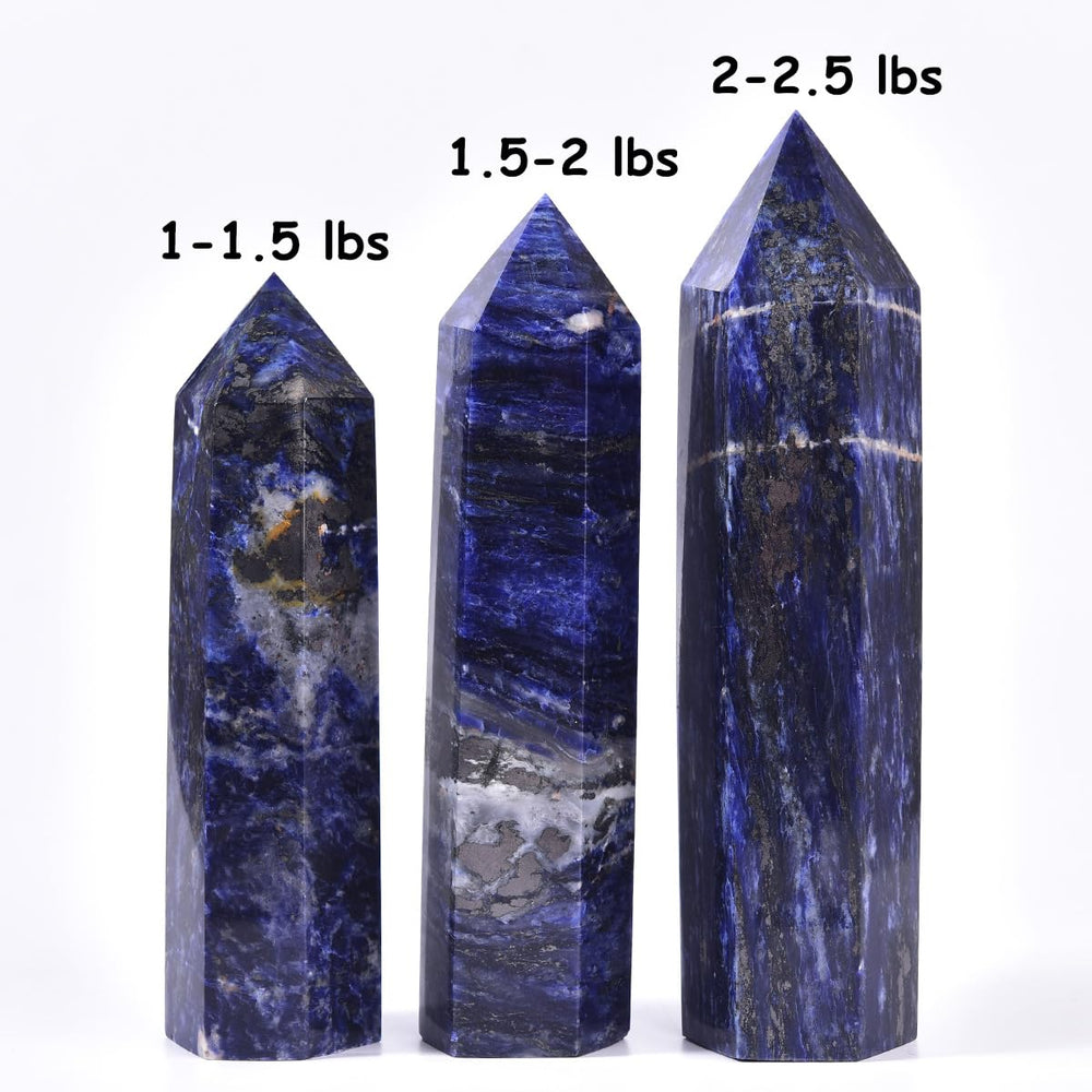 MOGEMT blue sodalite crystal tower meditation setup with serene vibe.