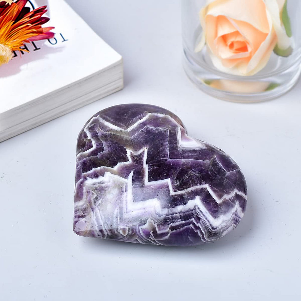 MOGEMT Dream Amethyst heart palm stone with soft backlight; enhances tranquil mood.