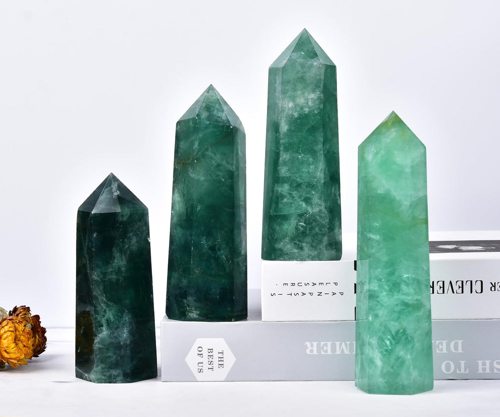 MOGEMT green fluorite obelisk tower during a Reiki session supports chakra balance and energy flow