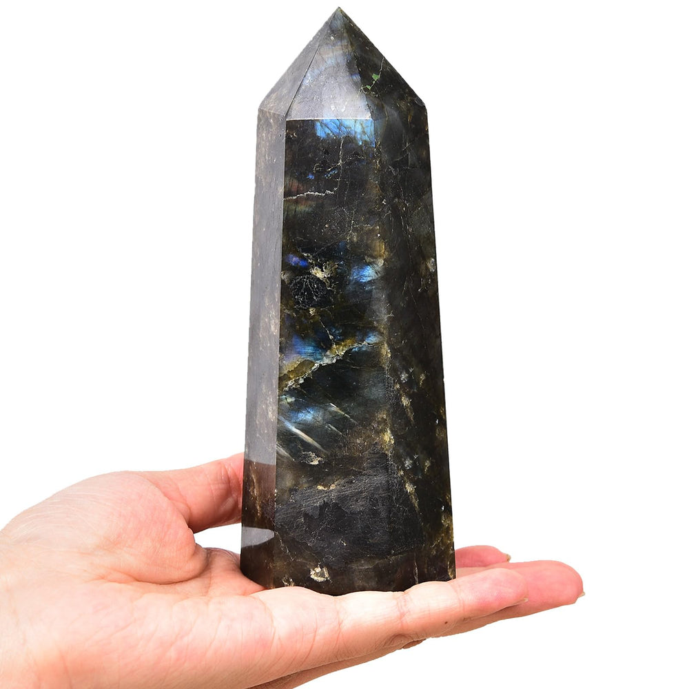 MOGEMT Labradorite crystal tower with 6 facets reflecting light for meditation