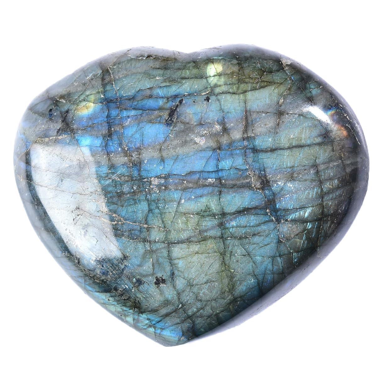 MOGEMT Labradorite heart crystal close-up reveals iridescent color for mindful focus.