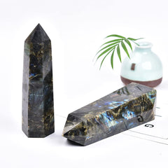 MOGEMT Labradorite Tower closeup crystal, reveals texture and iridescence