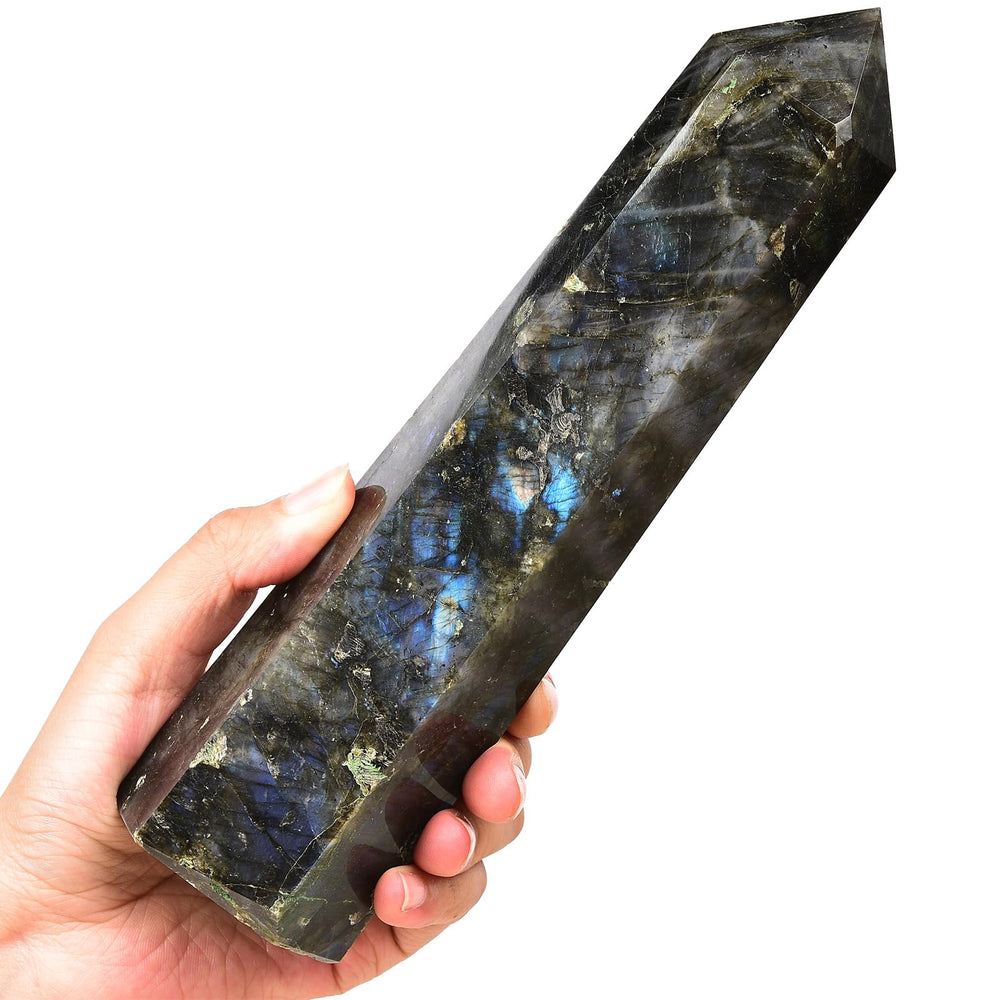 MOGEMT Labradorite Tower front view, natural energy centerpiece for calm workspaces
