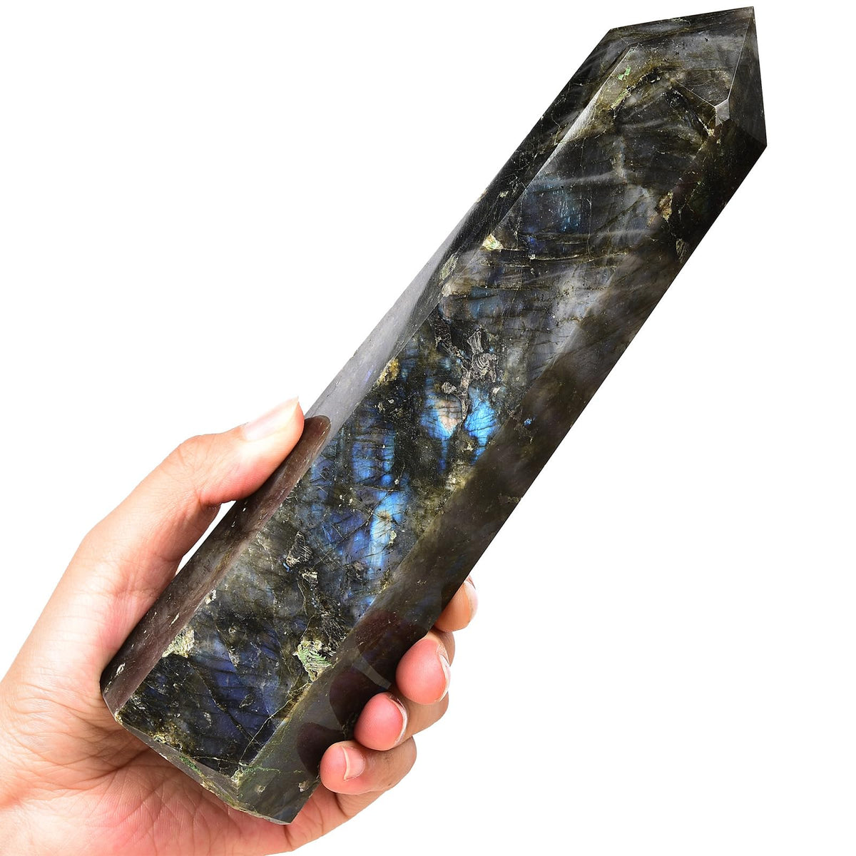 MOGEMT Labradorite Tower front view, natural energy centerpiece for calm workspaces