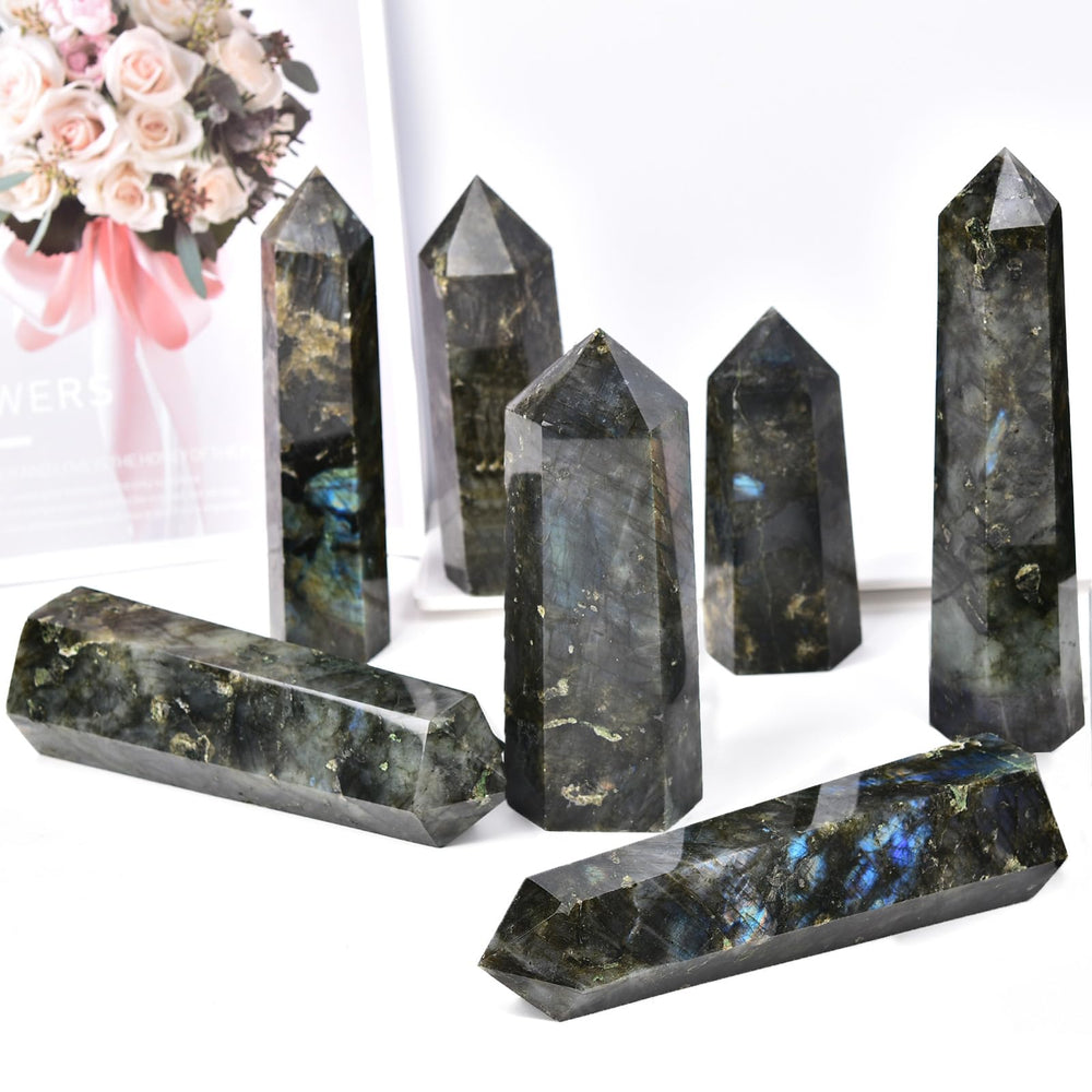 MOGEMT Labradorite Tower in a meditation scene, aids Reiki and chakra work