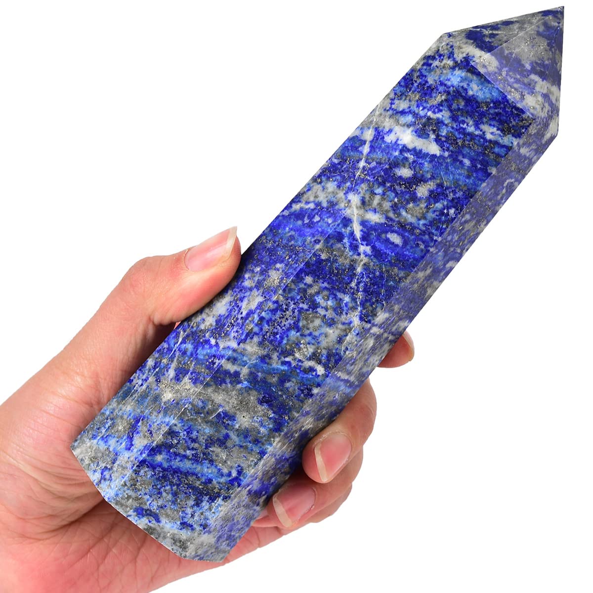 MOGEMT lapis lazuli obelisk wand with 6 facets for meditation and energy focus.