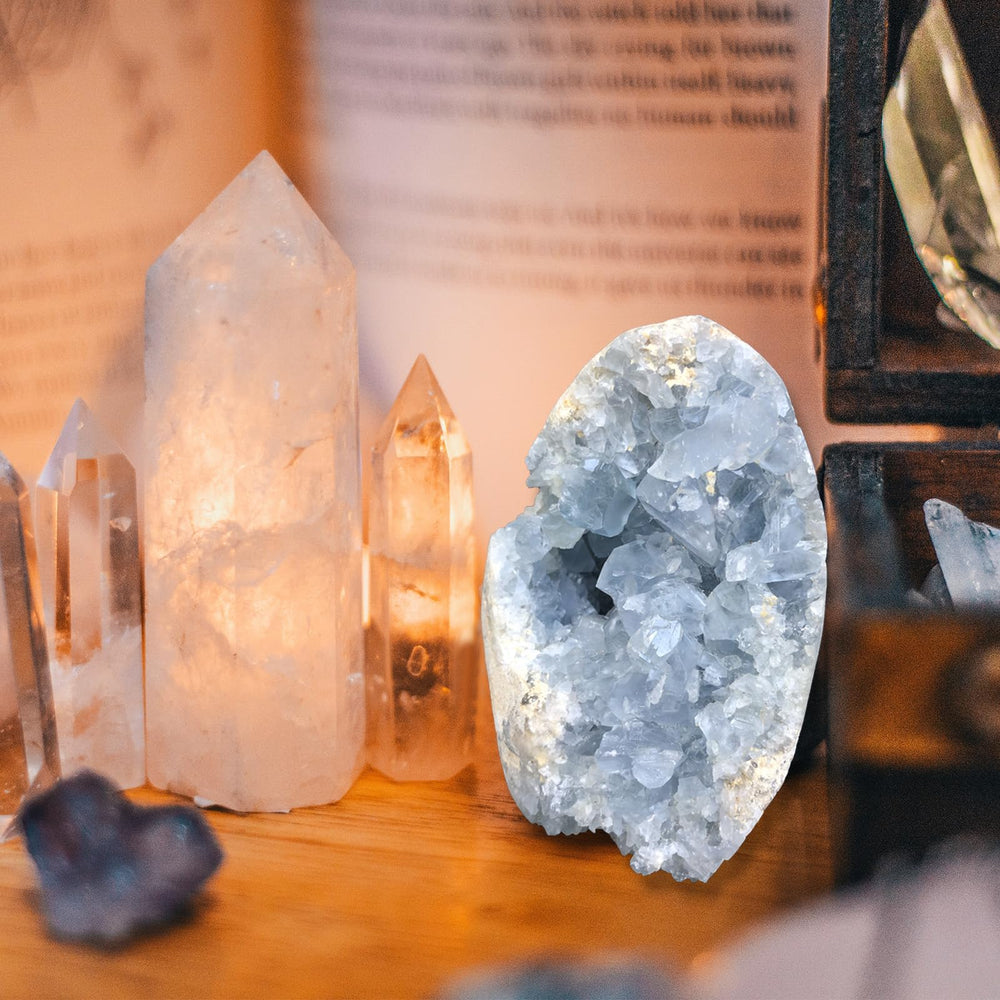 MOGEMT reiki-ready celestite geode offers peaceful ambience for mindful practices.