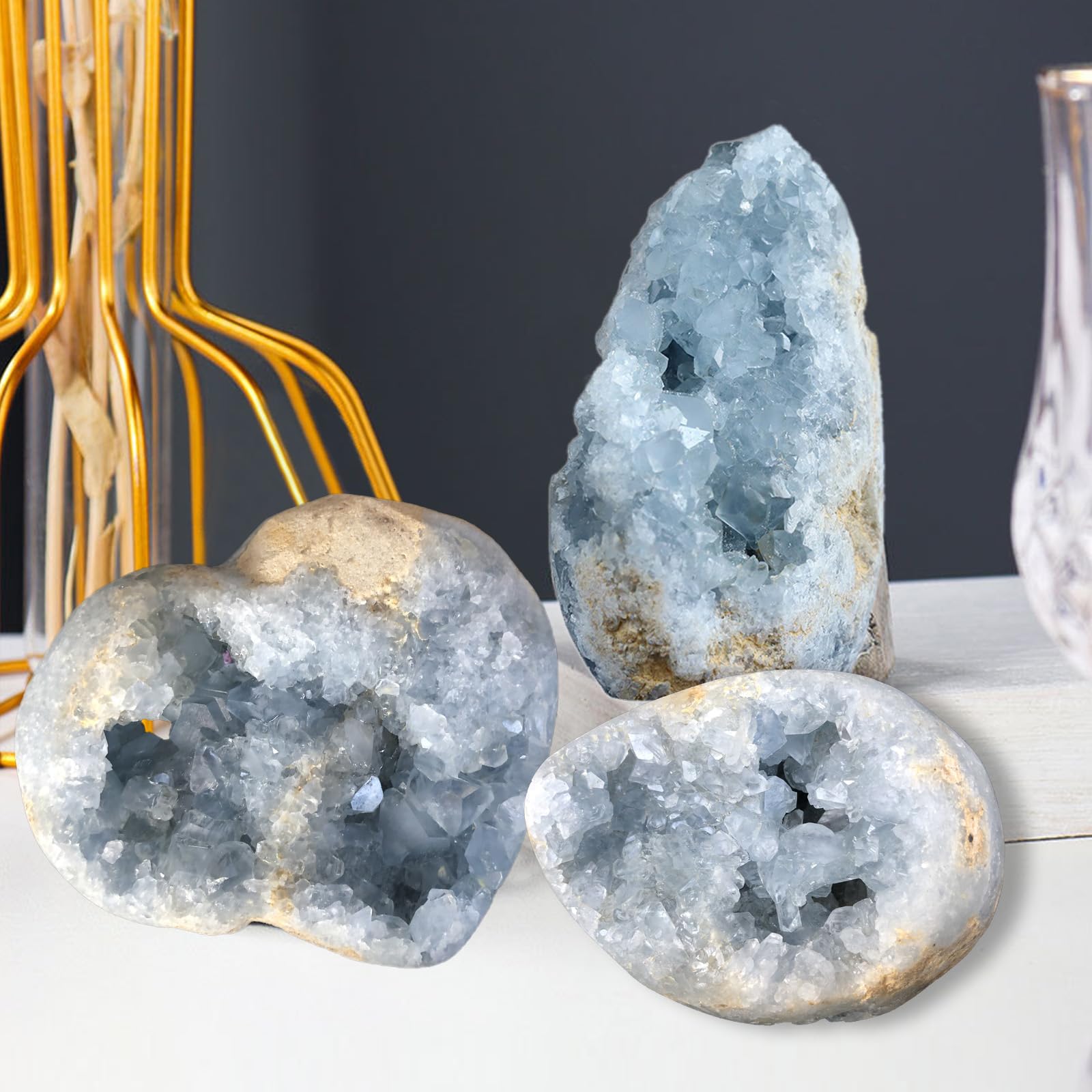 MOGEMT sky-blue celestite stone adds natural elegance to desks or altars.
