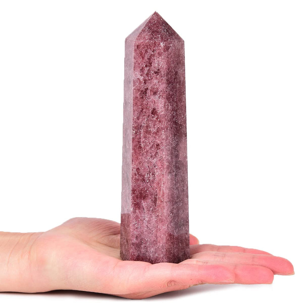 MOGEMT strawberry quartz crystal tower, six-faceted point for focused meditation and energy balancing.