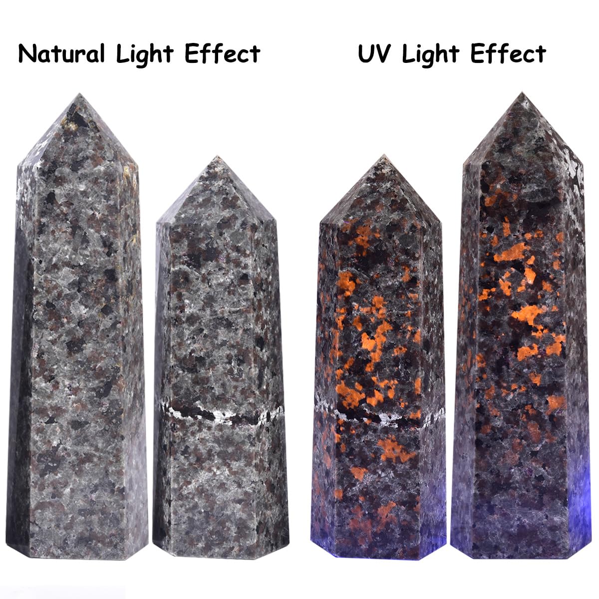 MOGEMT Yooperlite Tower UV glow reveals a bright orange fluorescence.