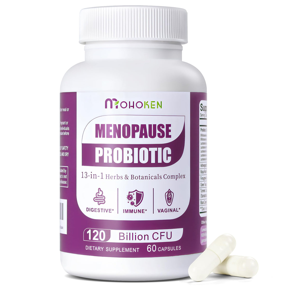 MOHOKEN menopause probiotic bottle for daily gut support.