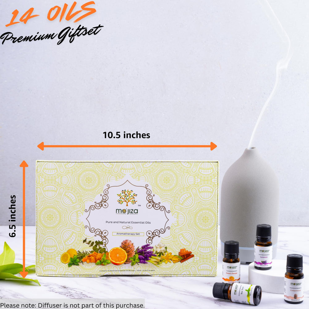 MO'JIZA oils displayed with diffuser setup for relaxing home environments.