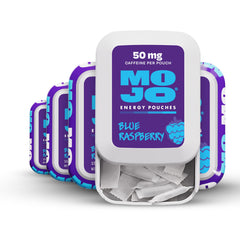 MOJO Energy Pouches blue raspberry pack front, compact energy on the go.
