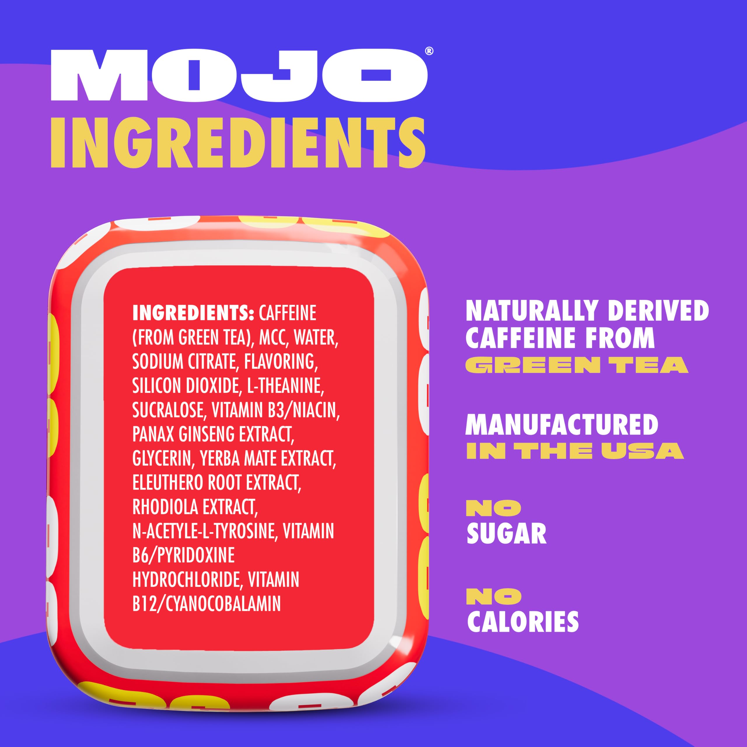 MOJO Energy Pouches show natural caffeine sources and ingredients.