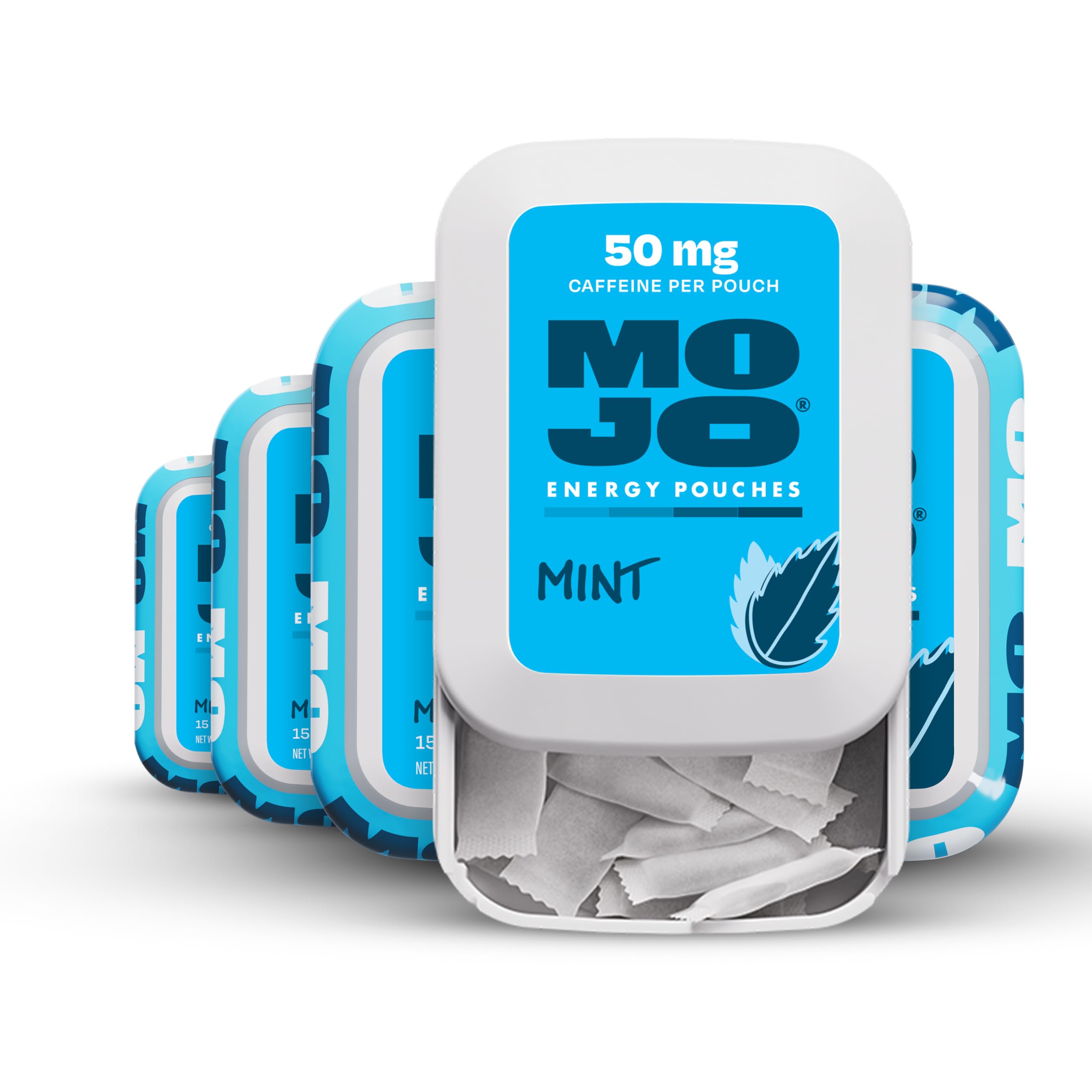 MOJO Energy Pouches Mint label closeup shows caffeine from natural sources for steady energy