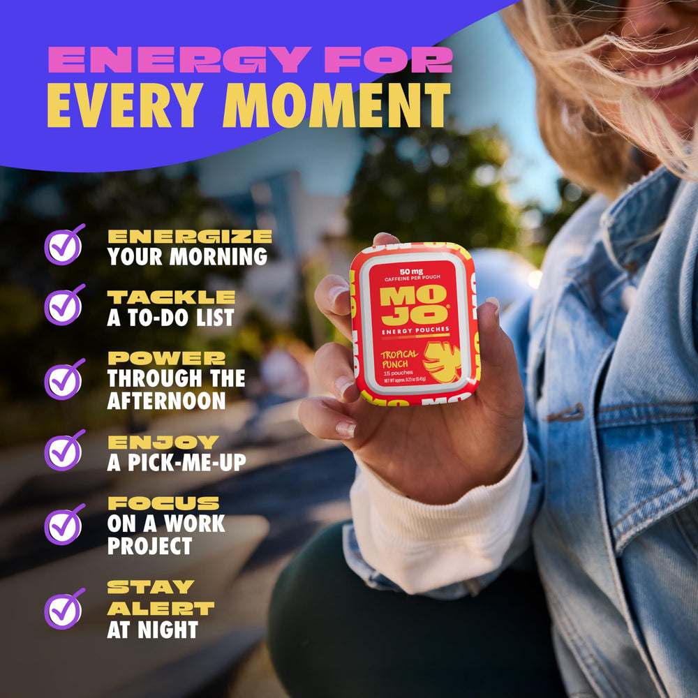 MOJO Tropical Punch label highlighting flavor and sugar-free formula.
