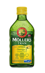 Moller's Tran cod liver oil bottle with lemon flavor for daily omega-3 enjoyment.