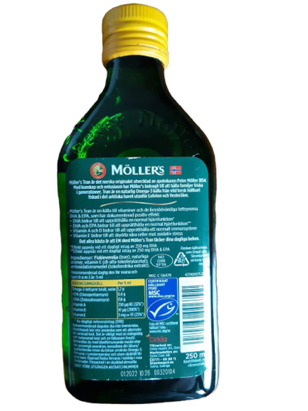 Moller's Tran cod liver oil stored in fridge for freshness and flavor retention.