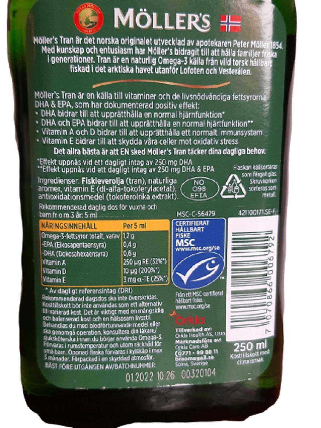 Moller's Tran cod liver oil label highlights vitamins A, D, E and omega-3.