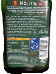 Moller's Tran cod liver oil label highlights vitamins A, D, E and omega-3.