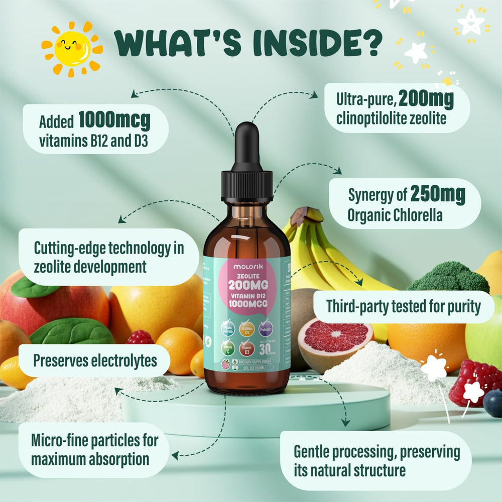 Molorik Pure B12/C/D3 vitamin graphic emphasizes essential nutrients.