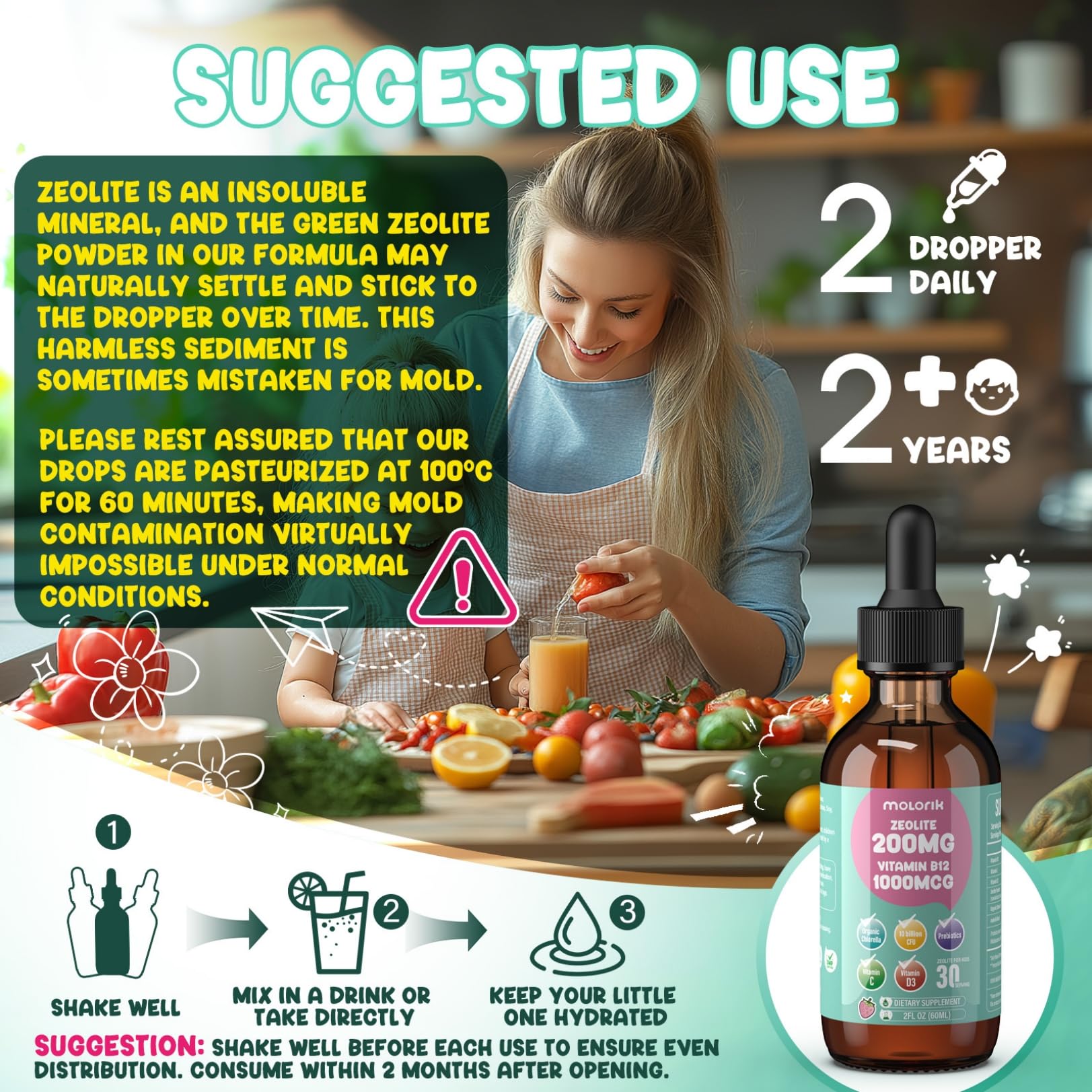 Molorik Pure Kids-friendly dosing bottle demonstrates gentle use.