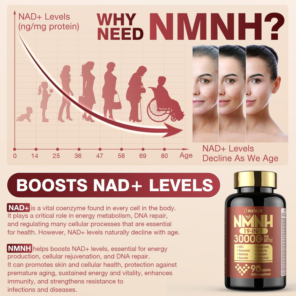 Molorik Pure 19in1 NMNH bottle back shows supplement details for cognitive well-being.