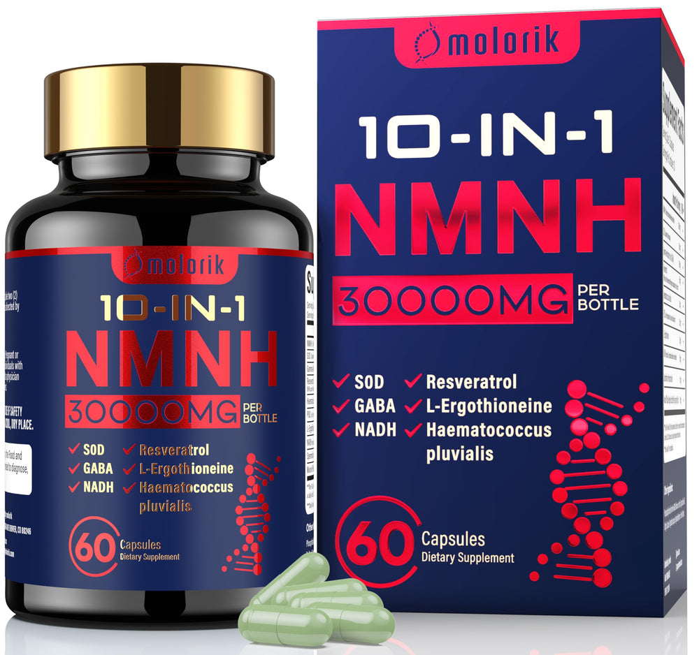 Molorik Pure NMNH bottle front view showcasing sleek packaging and dosing information for NAD support